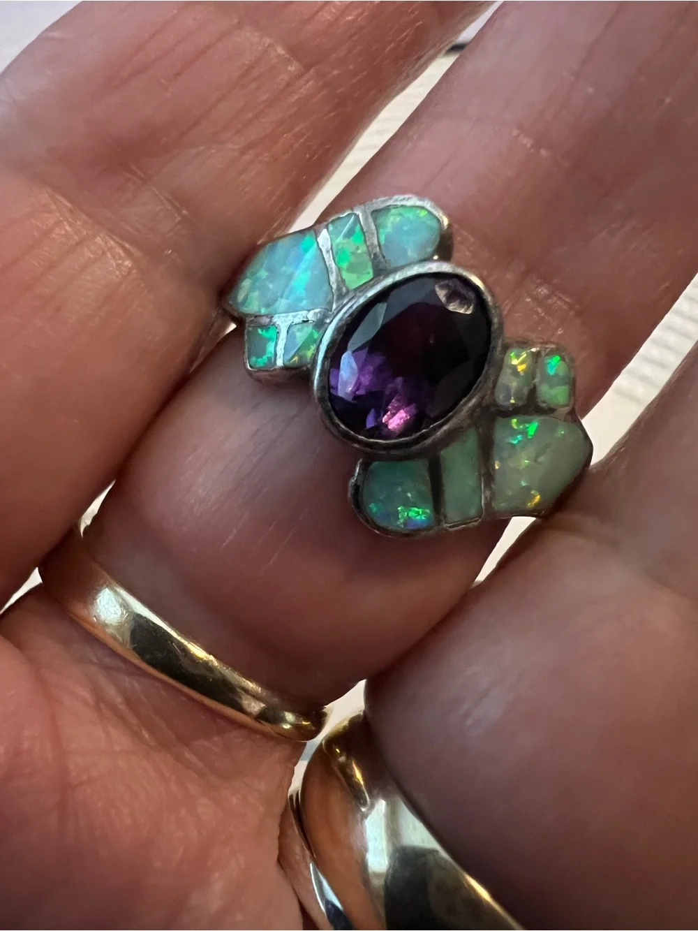 Navajo African Amethyst and Fire Opal Sterling Silver Vintage Ring